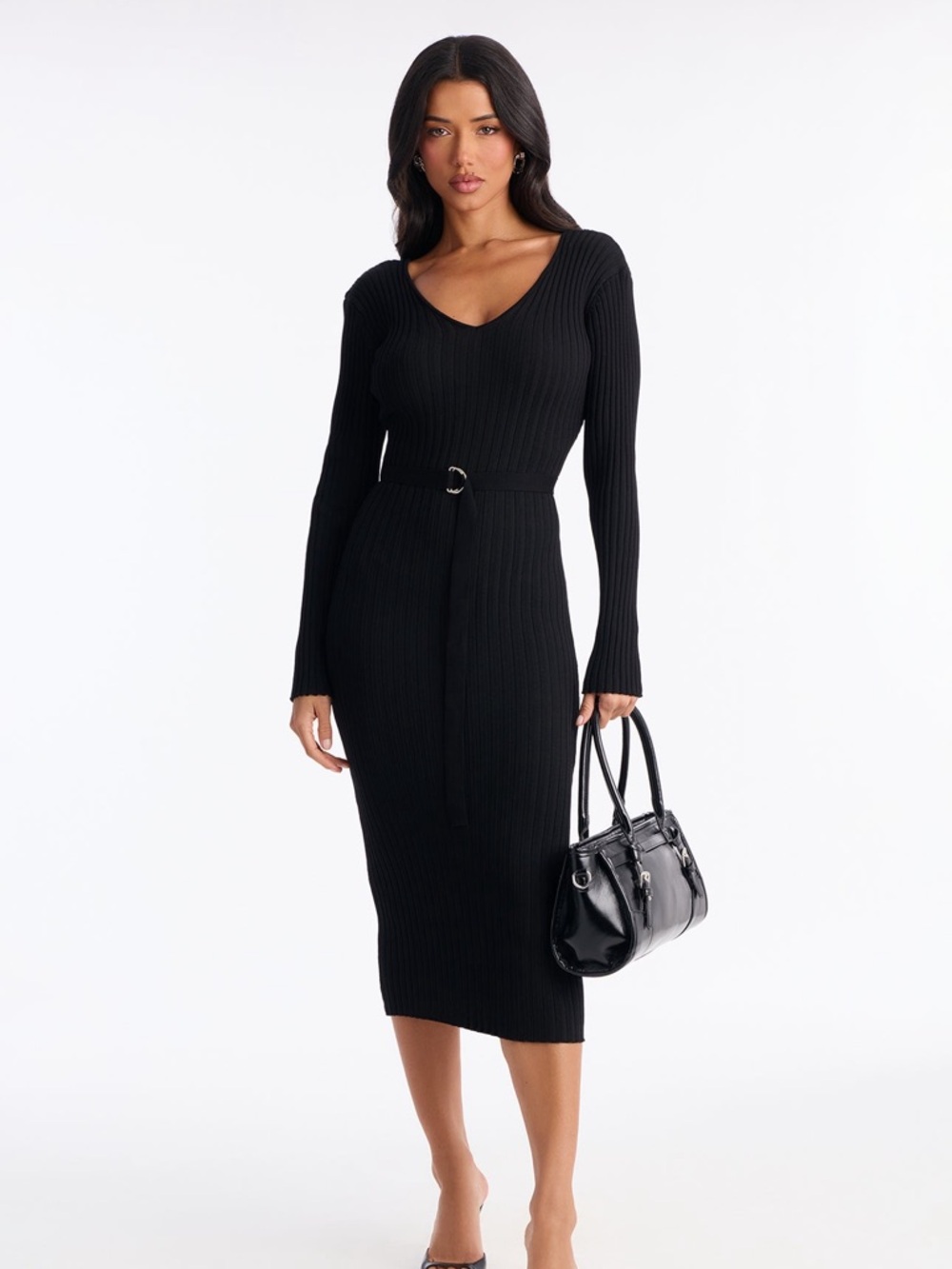 Ribbed V-Neck Belted Knit Midi Dress - Black